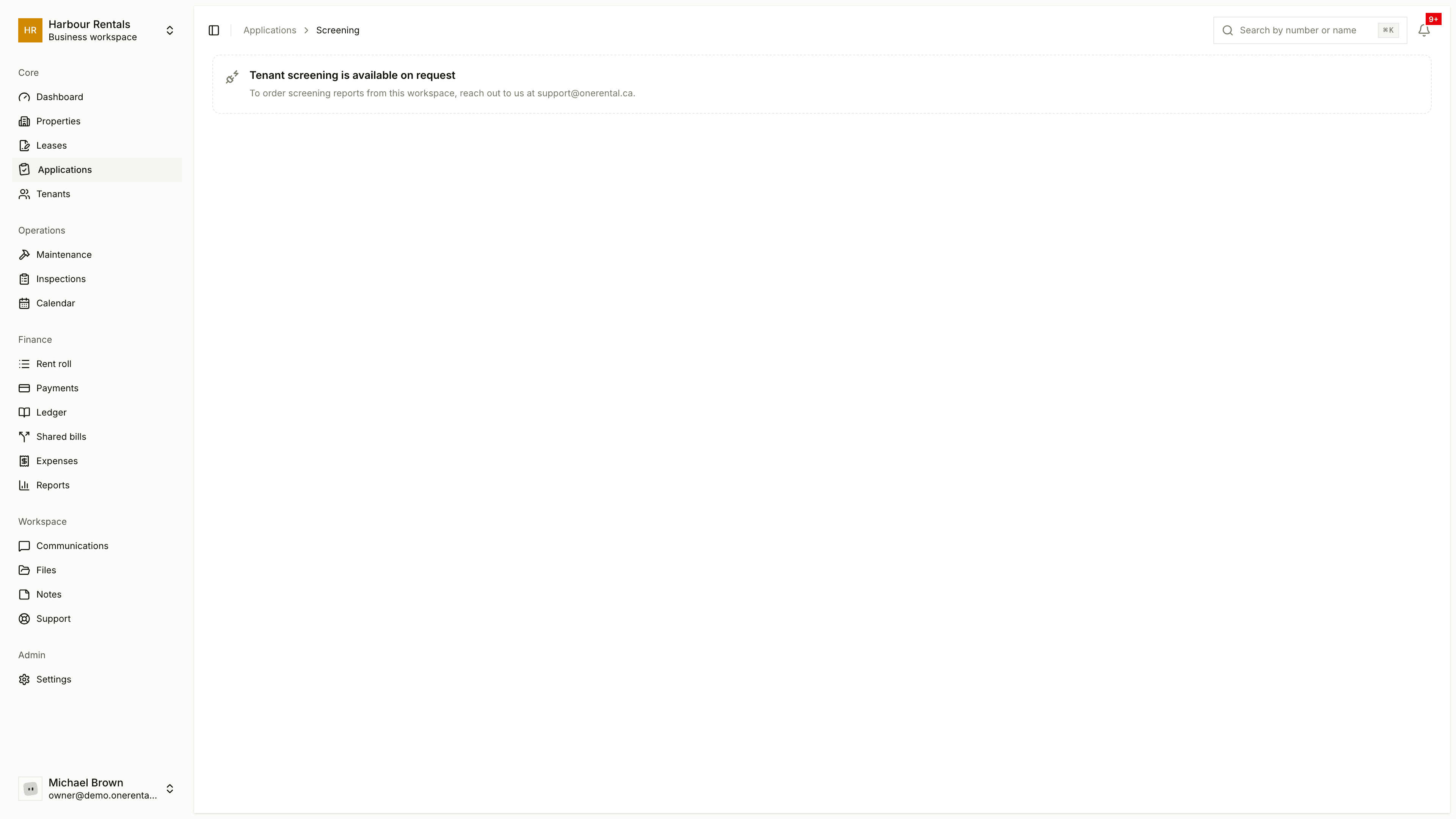 The screening page of an application