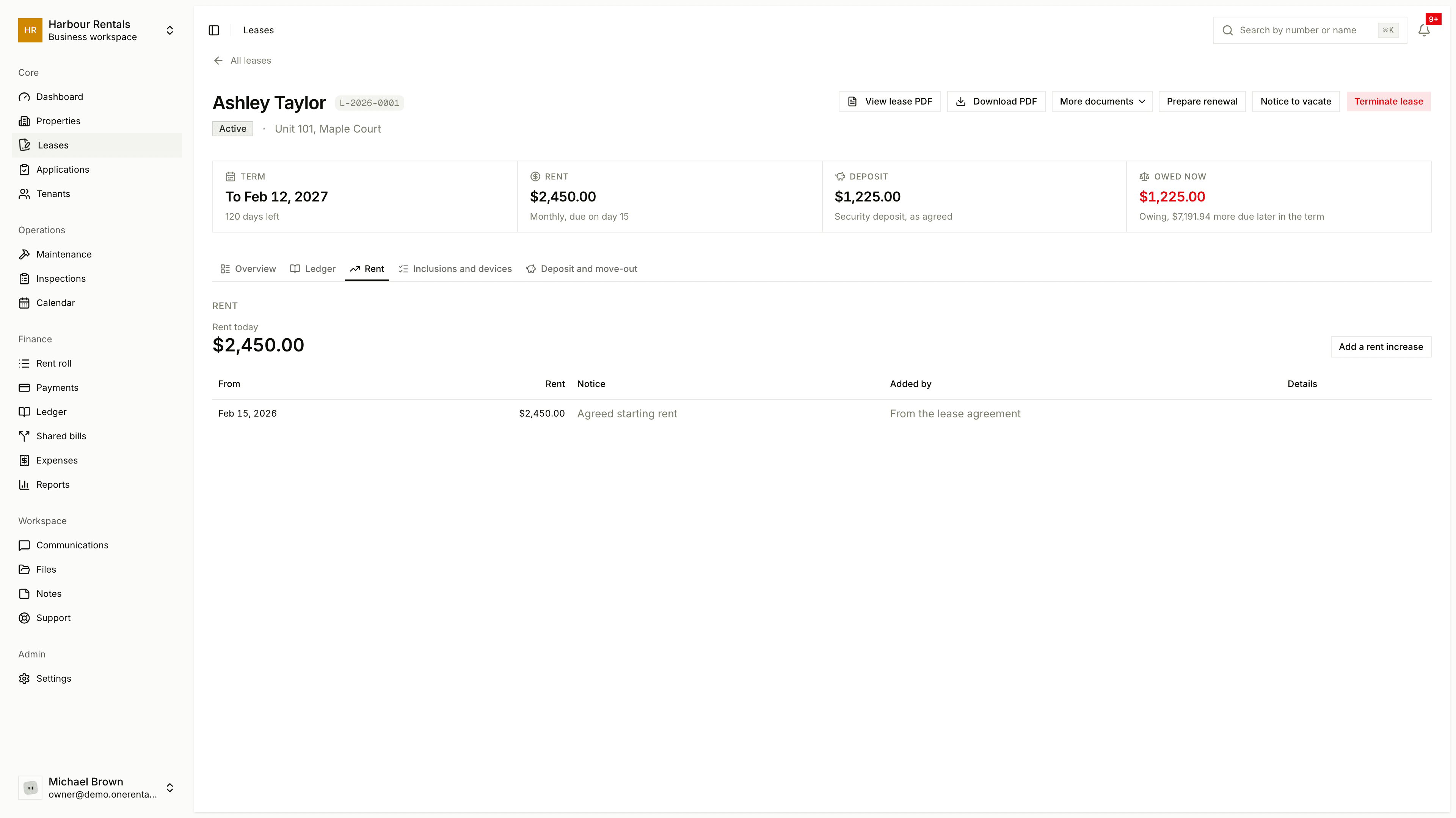The Rent tab with Add a rent increase