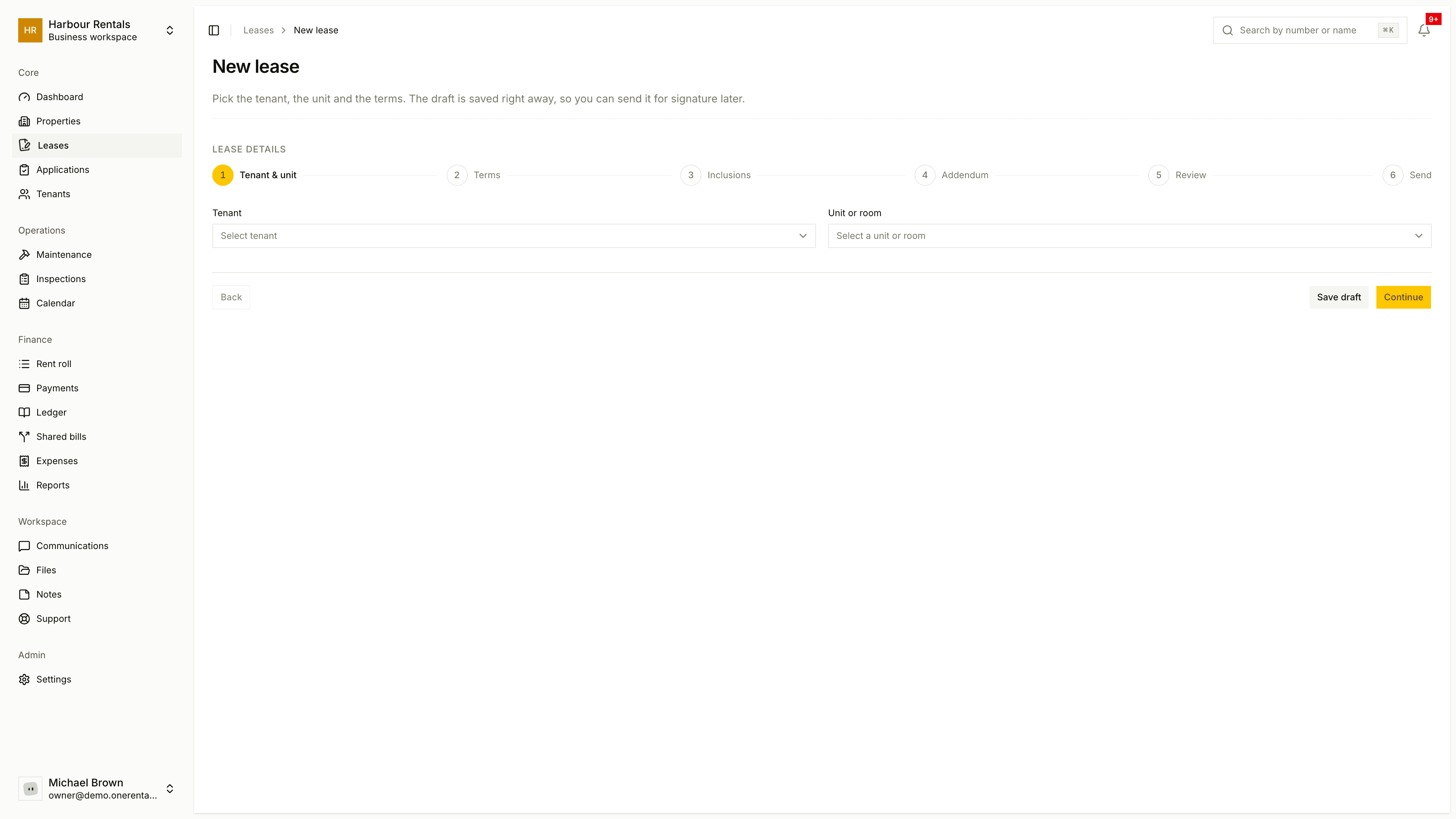 The first step of the lease wizard, showing the six steps