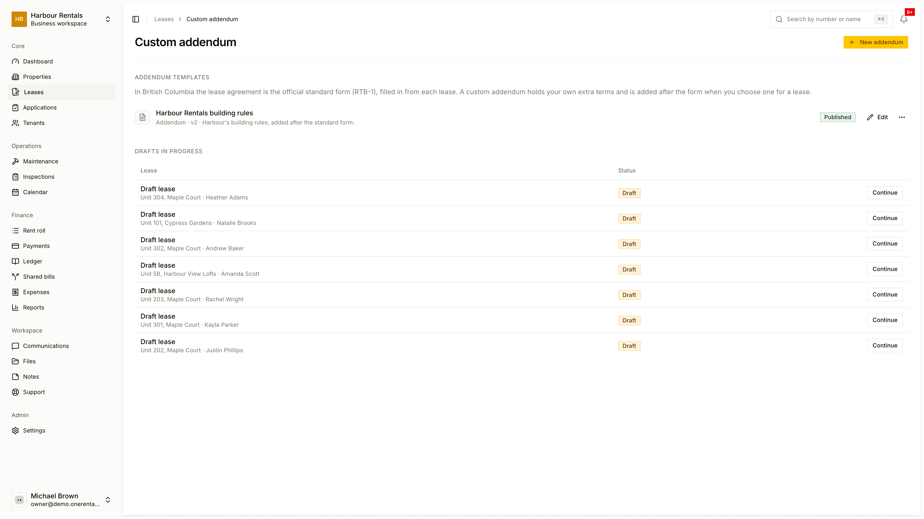 The Custom Addendum page