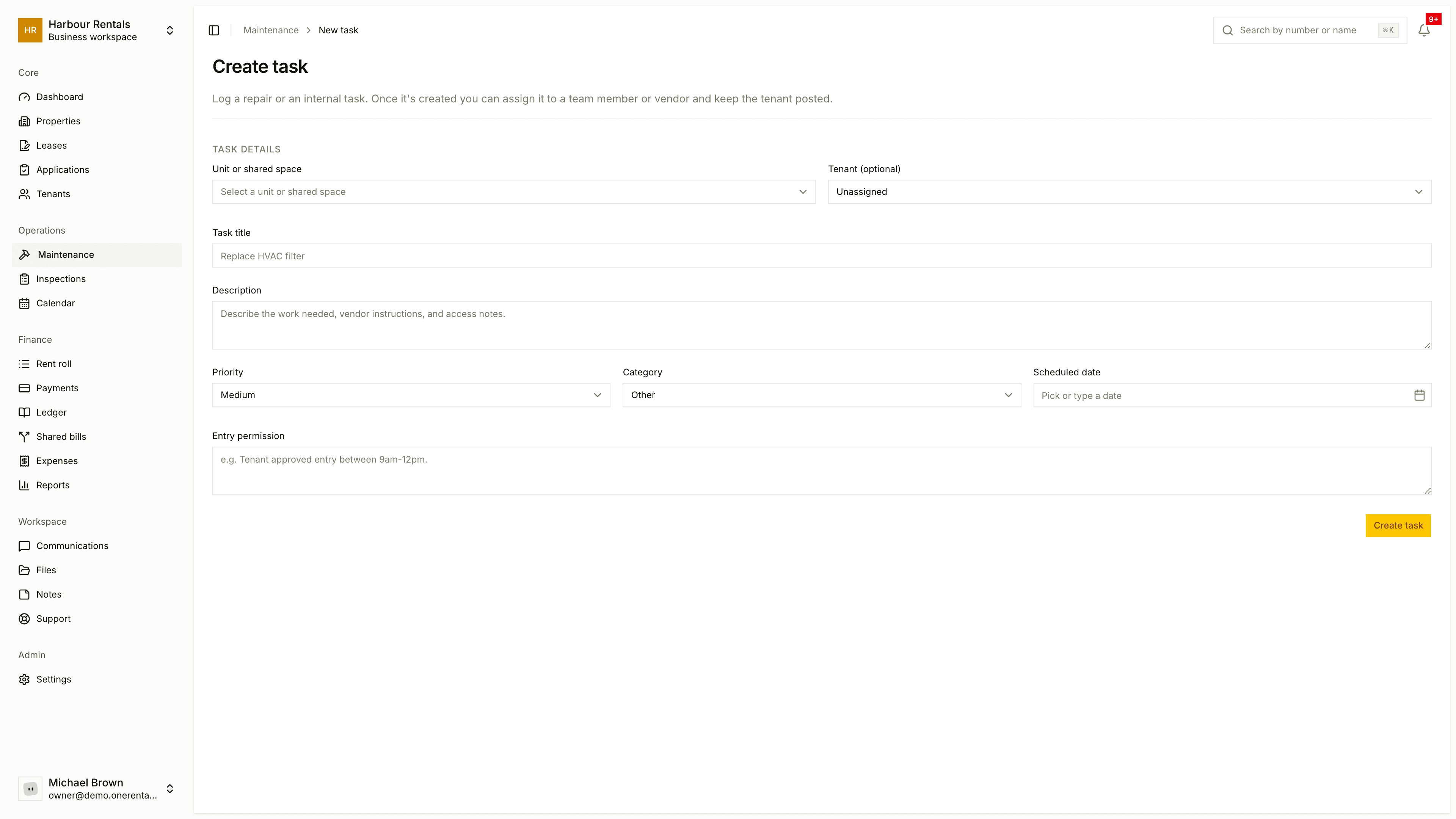 The Create Task form
