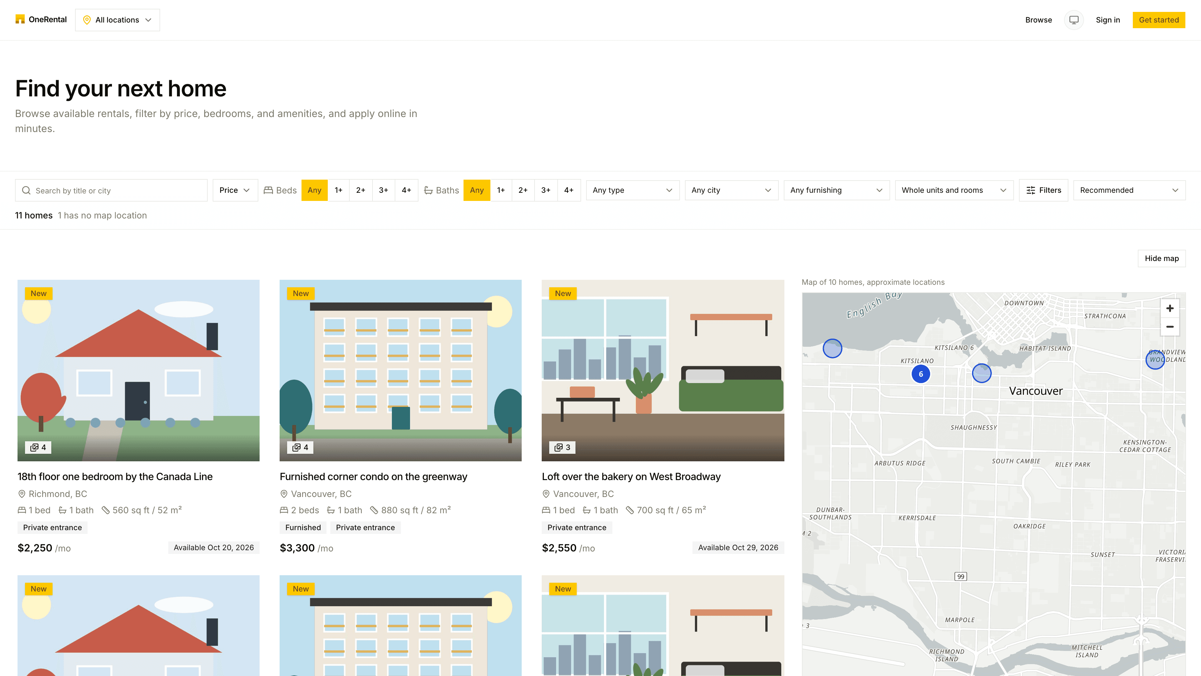 The listings page with search, filters and a map