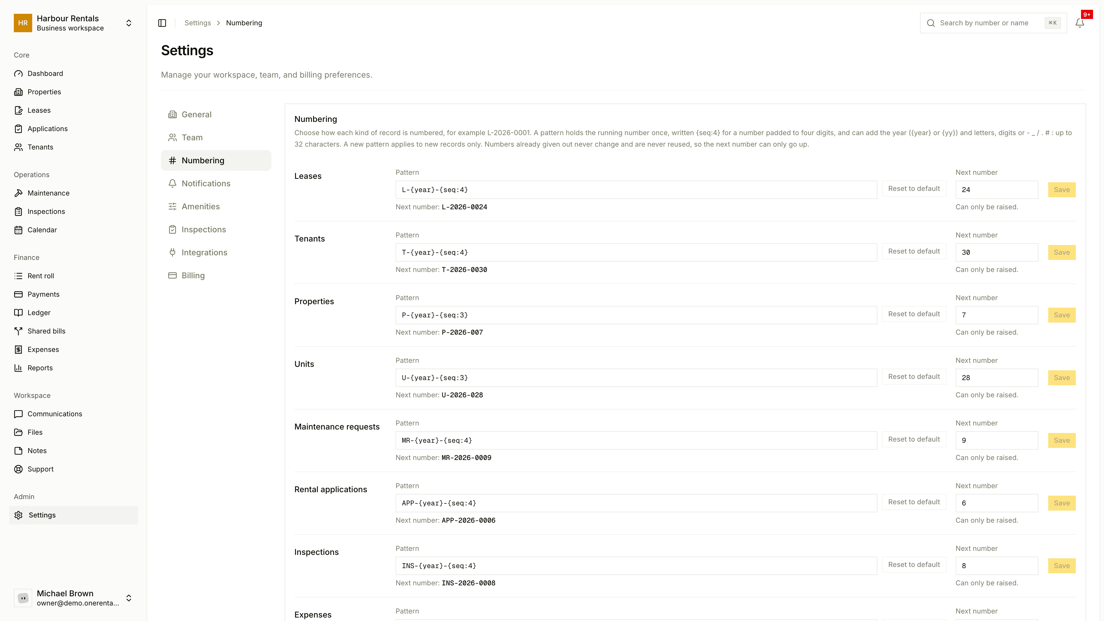 The Numbering settings page