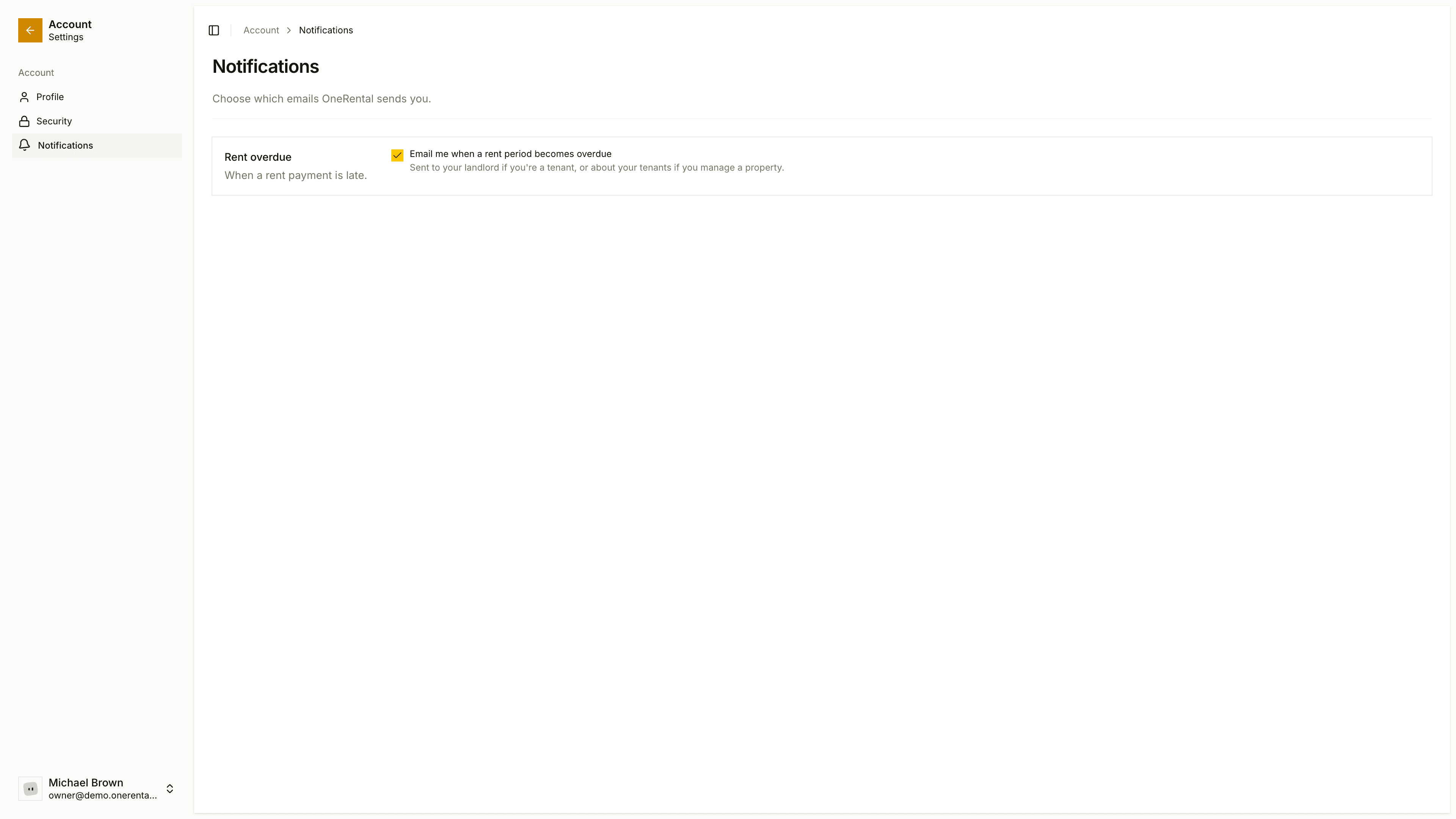The account notifications page