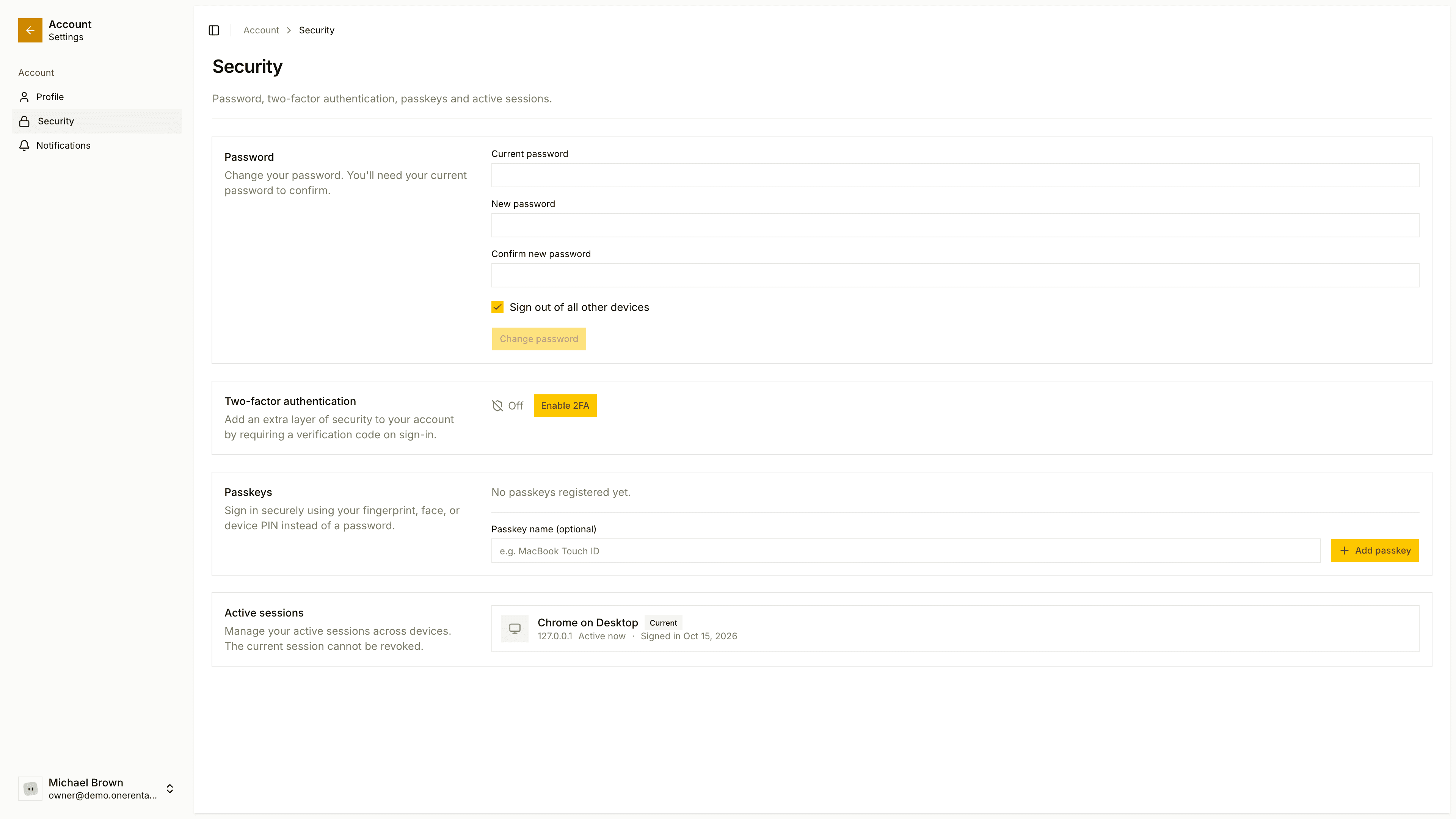 The Security page with two-factor, passkeys and sessions