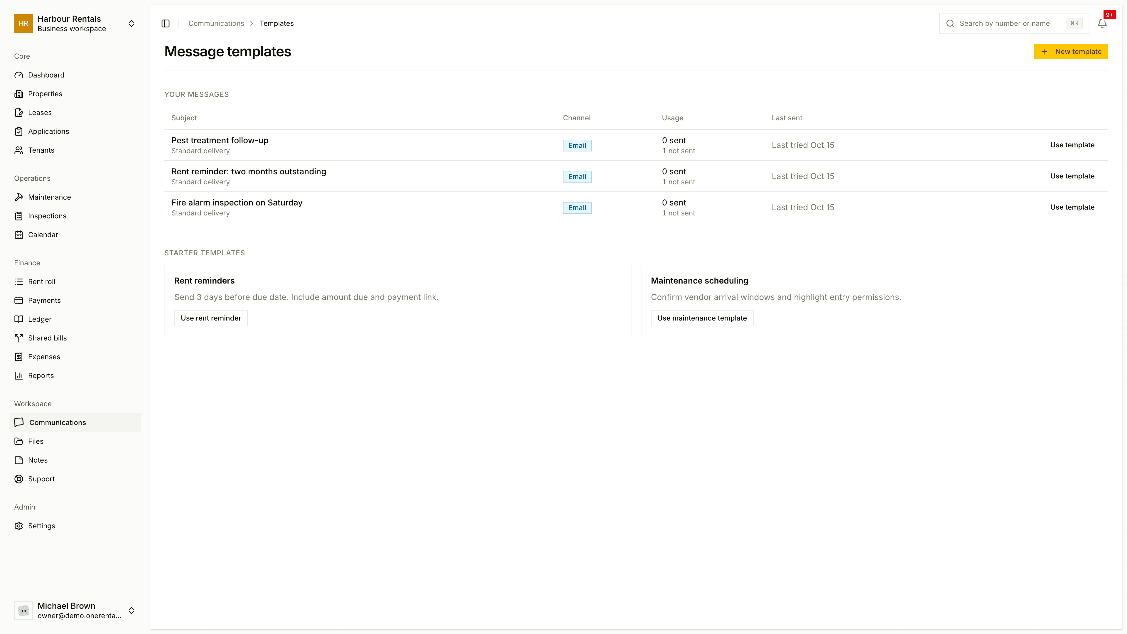 The Message templates page