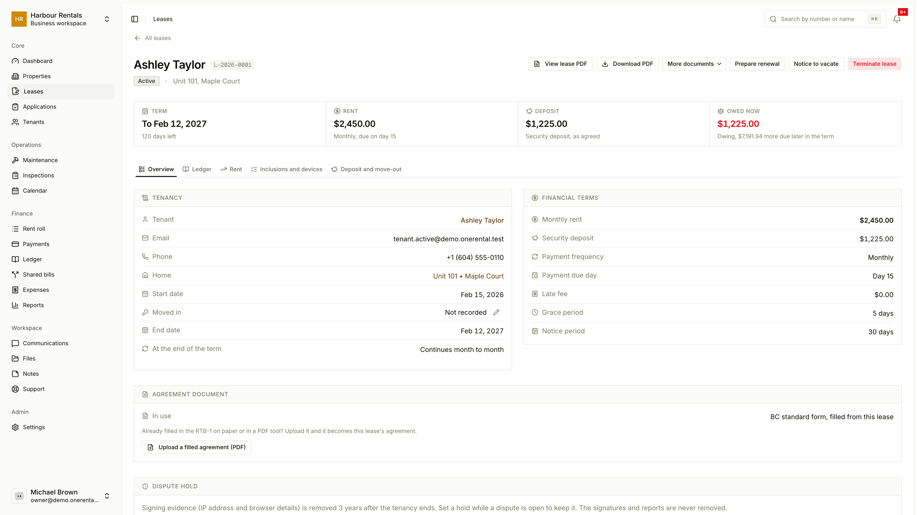 The Overview tab of a lease page