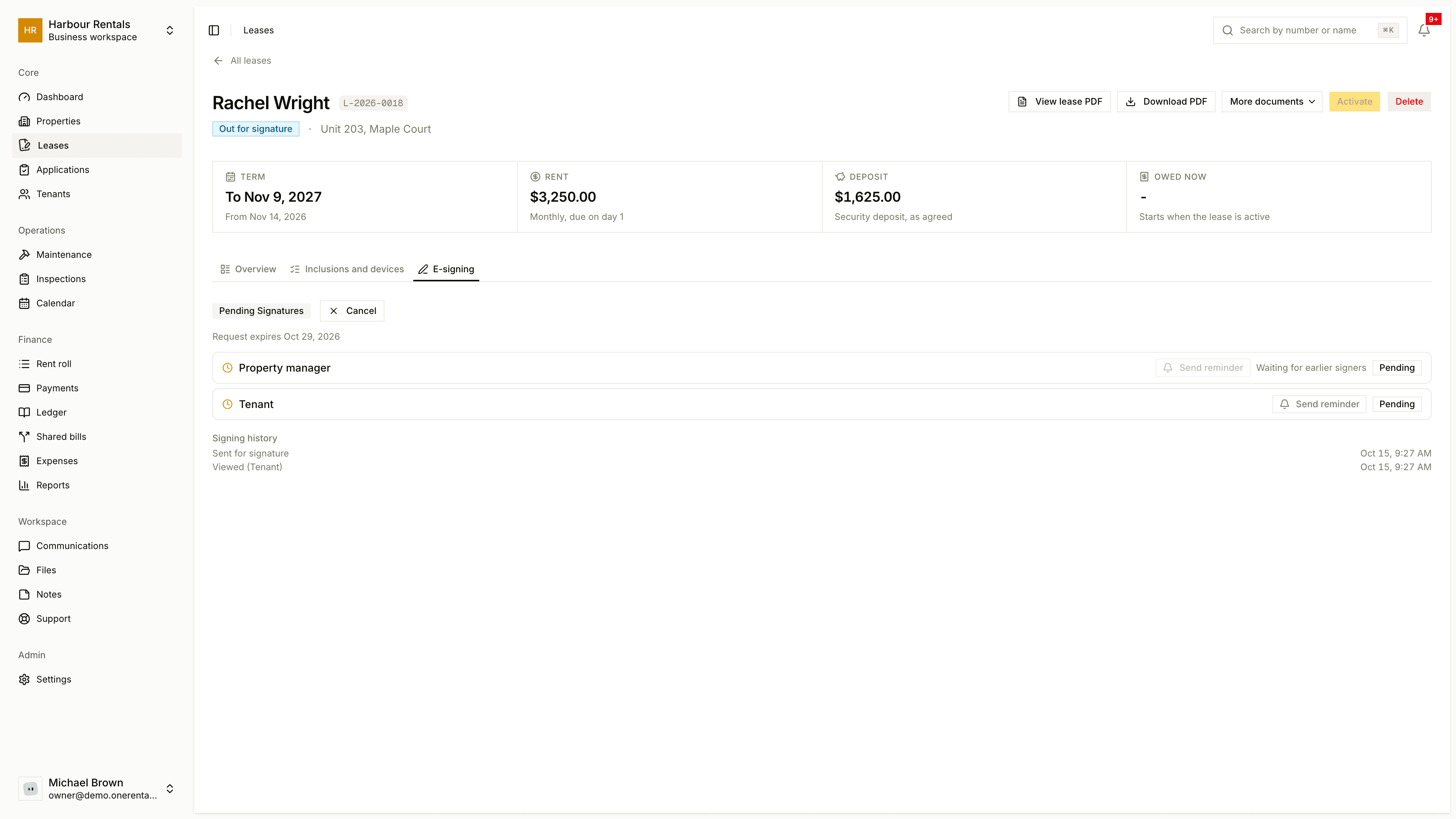 The E-signing tab on a lease