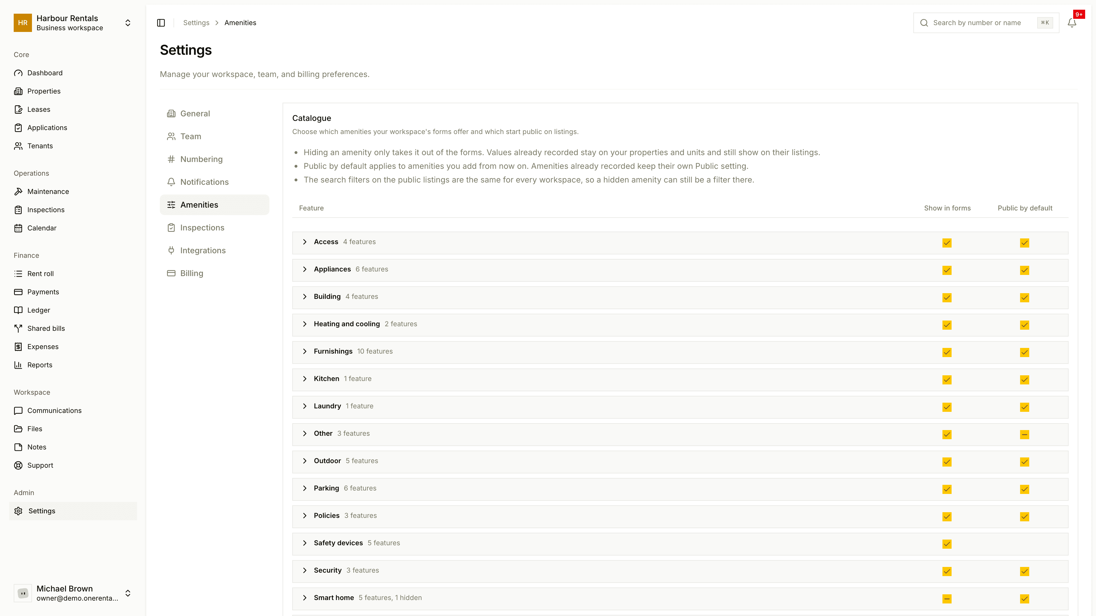The Amenities catalogue in Settings