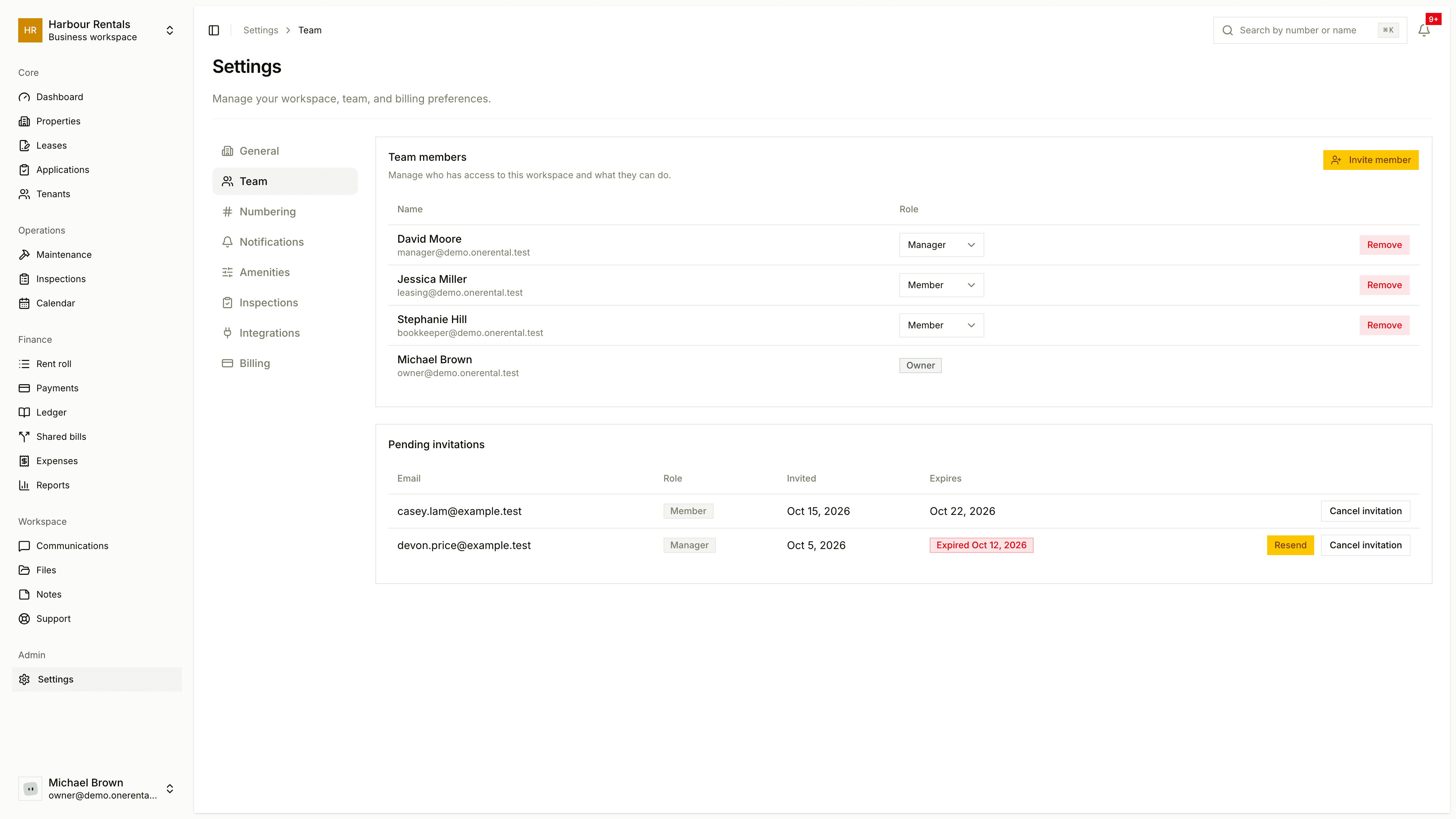 The Team page with members and pending invitations
