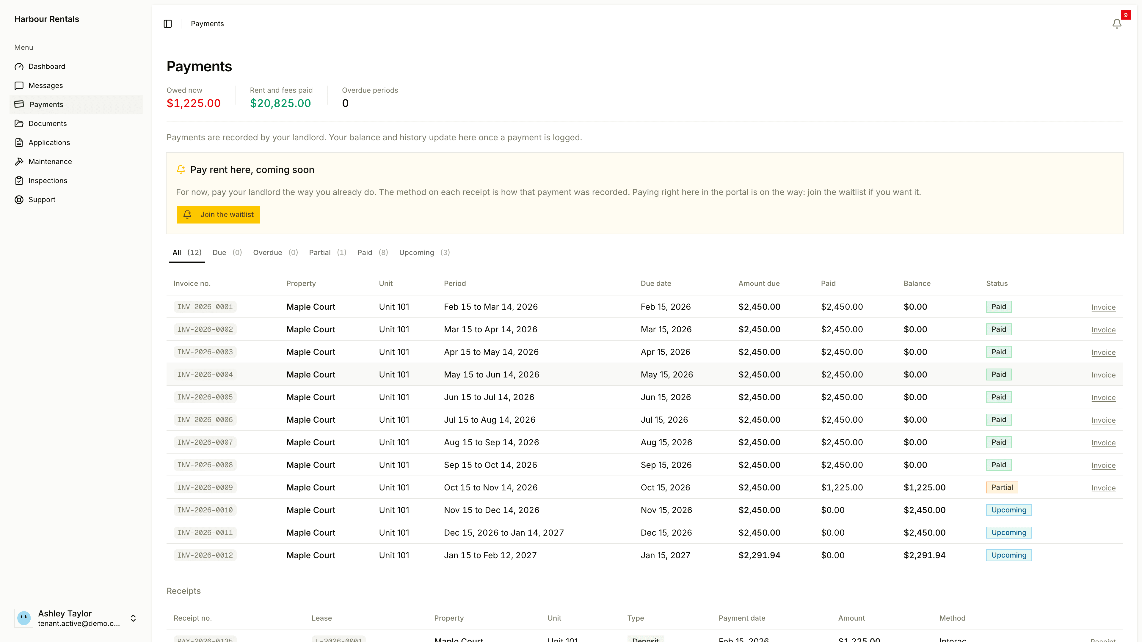 A tenant's Payments page