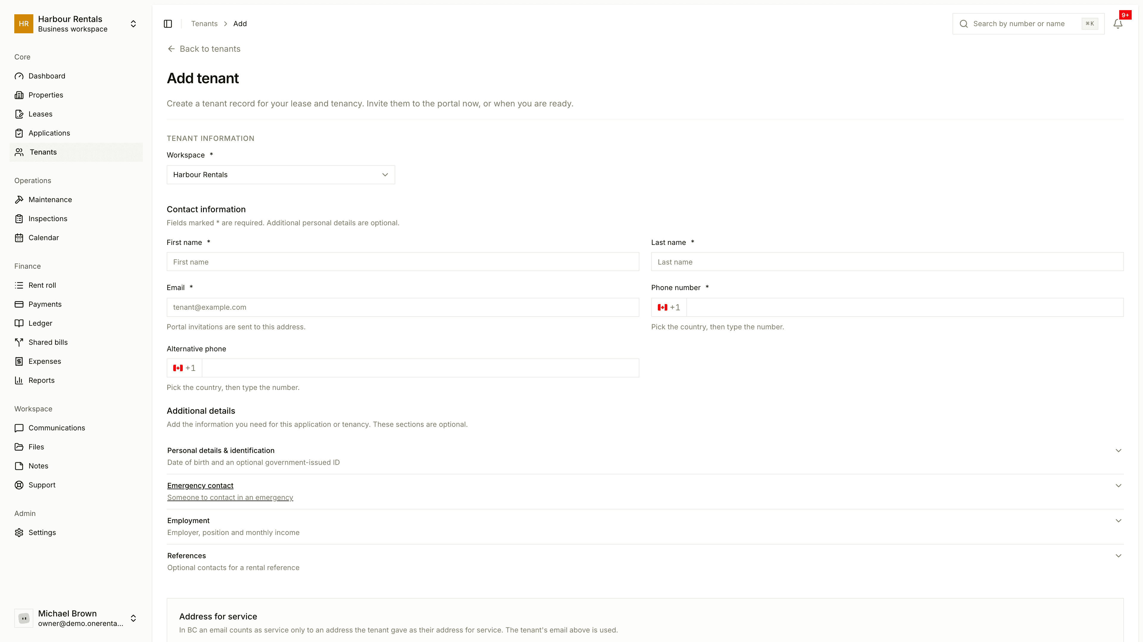 The Add tenant form